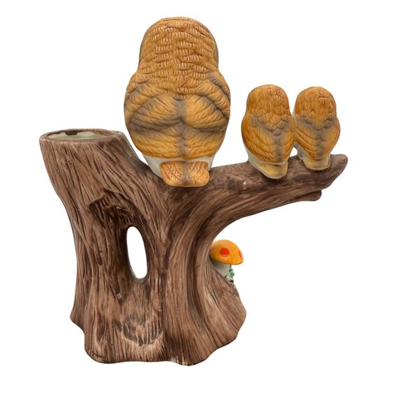 Vtg 70s Ardco Owl Family Bisque Porcelain Planter Bud Vase Tree Stump Mushroom - Picture 7 of 14